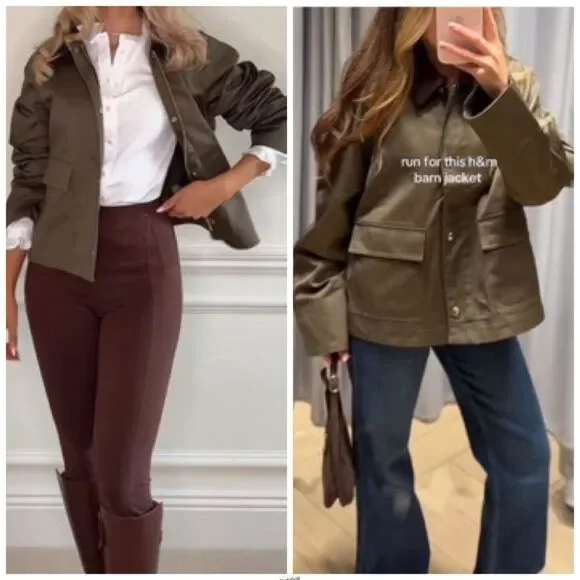 H&M Olive army Green oversized barn jacket corduroy collar - Picture 9 of 10